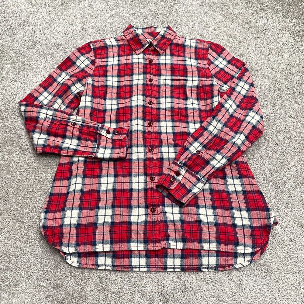 J. Crew Flannel Button Down Shirt Womens 00 Red Plaid Long Sleeve Cotton Casual